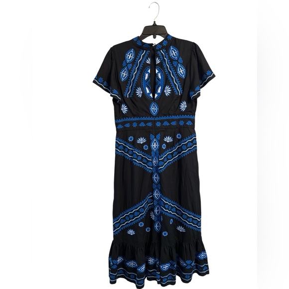 Johnny Was Jade Stephy Midi Dress Embroidered Blue Black Size 10 Boho Luxe - Picture 4 of 9